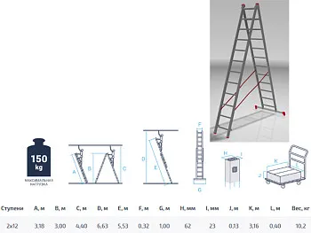 Лестница алюм. 2-х секц. 300/552см 2х12 ступ., 9.5кг PRO STARTUL (ST9947-12)