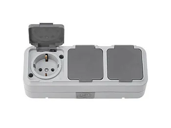 Розетка 3-ая (открытая, с/з, брызг. защ.) серая, Пралеска Аква, Bylectrica