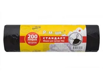 Мешки для мусора с завязками, 200 л, 10 шт, "Стандарт", черные, РОМАШКА
