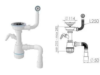 Сифон для кухни с круглым переливом, выпуск 3 1/2, пластиковый винт 45мм, с гибкой трубой 1 1/2"AV E