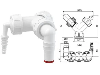 Колено с двумя штуцерами G1"/8-23 c обратными клапанами, Alcaplast