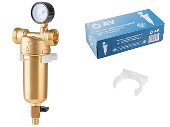 Фильтр самоочищающийся 1" нар. или 3/4"вн., 100 микрон, с манометром, AV Engineering (инд. упак.)