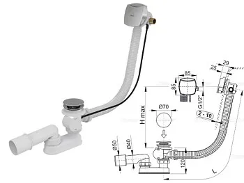 Сифон для ванны с напуском воды через перелив, металл - пластик, Alcaplast