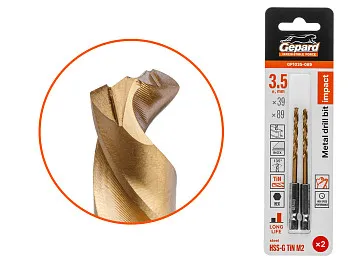 Сверло по металлу шестигр. 3.5х39х89 мм HSS-G TIN, комплект из 2-х шт GEPARD