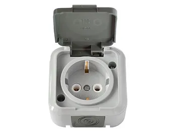 Розетка 1-ая (открытая, с/з, брызг. защ.) серая, Пралеска Аква, Bylectrica