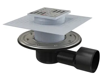 Сливной трап 105х105/50/75, боковой сток, решетка – нерж. сталь, гидрозатвор – комб. Alcaplast