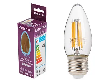 Лампа светодиодная филаментная C37 СВЕЧА 6 Вт E27 4000К ЮПИТЕР ДЕКОР