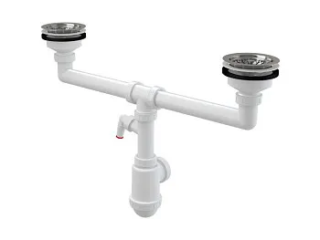 Сифон для сдвоенной мойки с нержавеющими решетками DN115 и штуцером, Alcaplast