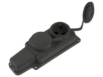 Розетка 2-ая переносная (с/з, 16А, 250В, брызг. защ.) каучук, черная, Юпитер