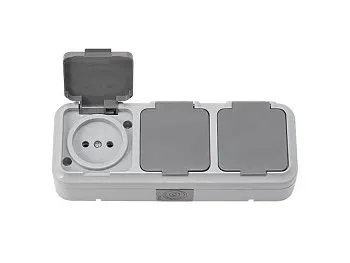 Розетка 3-ая (открытая, б/з, брызг. защ.) серая, Пралеска Аква, Bylectrica