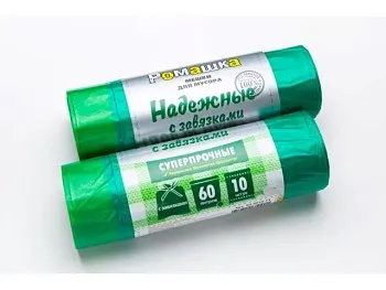 Мешки для мусора с завязками, 60 л, 10 шт, "НАДЕЖНЫЕ", зеленые, РОМАШКА