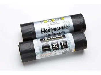 Мешки для мусора с завязками, 35 л, 15 шт, "НАДЕЖНЫЕ", черные, РОМАШКА