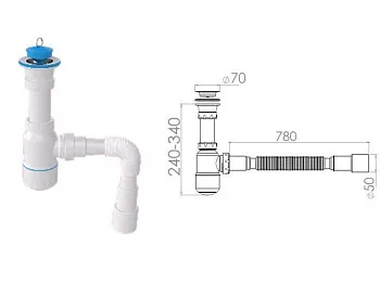 Сифон для умывальника с прикручивающимся выпуском 70мм , с гибкой трубой 1 1/2" - 40/50мм, AV Engine