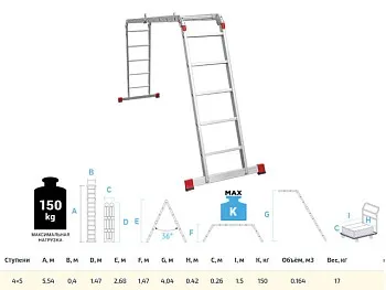 Лестница алюм. многофункц. трансформер 4х5 ступ., шир. 400 мм, 16,8кг NV3320 Новая высота
