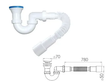 Сифон для душевого поддона U-образный h 130mm, выпуск 70 мм, с гибкой трубой 1 1/2" - 40/50мм, AV