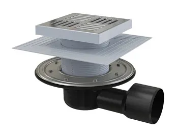 Сливной трап 150х150/50/75, боковой сток, решетка – нерж. сталь, гидрозатвор – комб. Alcaplast