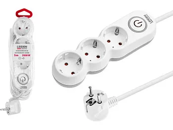 Удлинитель 5м (3 роз., 3,5кВт, с/з, выкл, ПВС 3х1,5) LEIDEN ELECTRIC