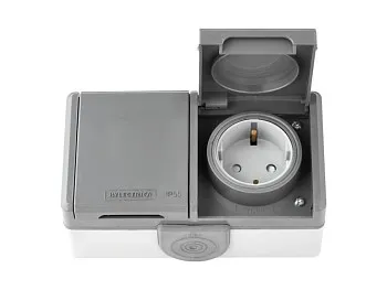 Розетка 2-ая (открытая, с/з, струезащ.) серая, Пралеска Аква, Bylectrica