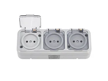 Розетка 3-ая (открытая, б/з, брызг. защ.) серая, Пралеска Аква, Bylectrica