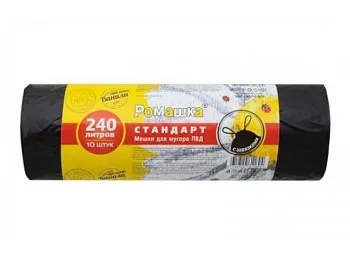 Мешки для мусора с завязками, 240 л, 10 шт, "Стандарт", черные, РОМАШКА