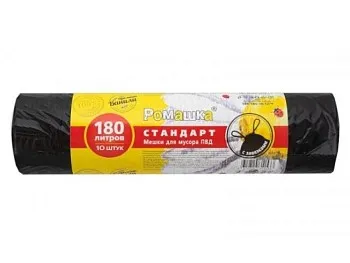 Мешки для мусора с завязками, 180 л, 10 шт, "Стандарт", черные, РОМАШКА