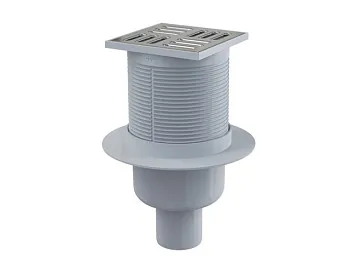 Сливной трап 105х105/50, подводка – прямая, решетка – нерж. сталь, гидрозатвор – мокрый, Alcaplast