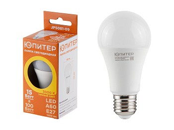Лампа светодиодная A60 СТАНДАРТ 15 Вт 170-240В E27 3000К ЮПИТЕР