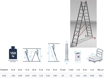 Лестница алюм. 2-х секц. 300/552см 2х12 ступ., 9.5кг PRO STARTUL (ST9947-12)