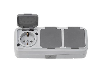 Розетка 3-ая (открытая, с/з, брызг. защ.) серая, Пралеска Аква, Bylectrica