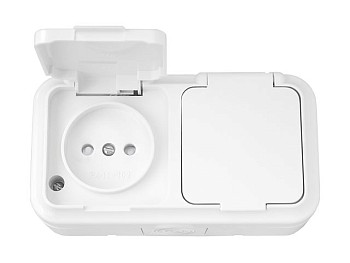 Розетка 2-ая (открытая, б/з, з/ш, брызг. защ.) белая, Пралеска Аква, BYLECTRICA