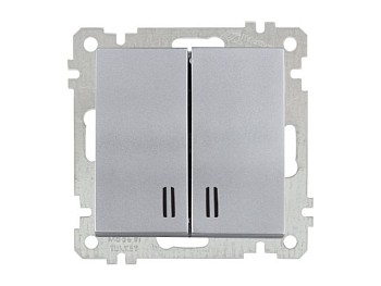 Выключатель 2-клав. (с подсветкой, скрытый, винт. зажим) серебро, ELITRA, MUTLUSAN