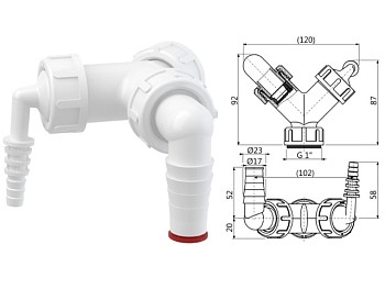 Колено с двумя штуцерами G1"/8-23 c обратными клапанами, Alcaplast