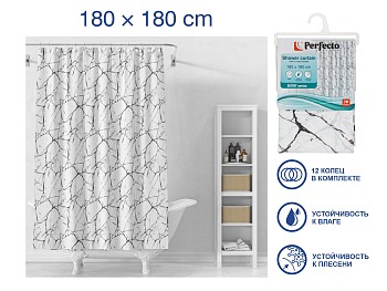 Шторка для ванной (12 колец в комплекте), 180x180 см, Secret, белый мрамор, PERFECTO LINEA