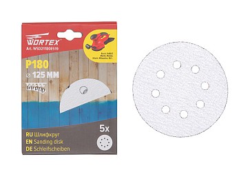 Шлифлист 125мм круг Р180 д/краски самосцепл. 8 отв. 5 шт. WORTEX