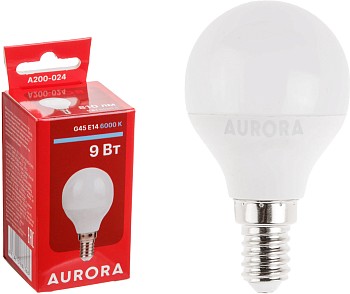 Лампа светодиодная G45 ШАР 9Вт 230В E14 6000K AURORA