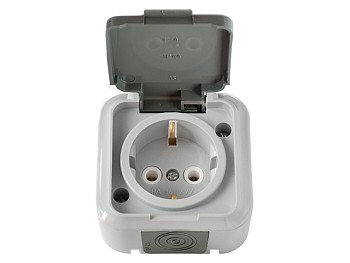 Розетка 1-ая (открытая, с/з, брызг. защ.) серая, Пралеска Аква, Bylectrica