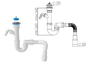 Сифон для кухни прямоточный с выпуском 70мм, с гибкой трубой 1 1/2" - 40/50мм, AV Engineering