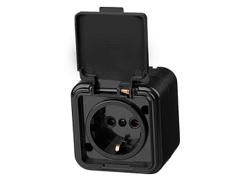 Розетка 1-ая (открытая, с/з, брызг. защ.) черная, Стандарт, Юпитер