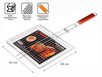 Решетка-гриль, 340x260 мм,  нержавеющая сталь, деревянная ручка, PERFECTO LINEA