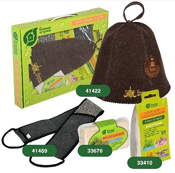 Набор из 4-х предметов (шапка, мочалка, сбор травяной, мыло) "Банные штучки"