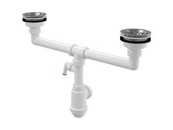 Сифон для сдвоенной мойки с нержавеющими решетками DN115 и штуцером, Alcaplast