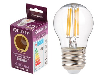 Лампа светодиодная филаментная G45 ШАР 6 Вт E27 3000К ЮПИТЕР ДЕКОР