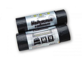 Мешки для мусора с завязками, 60 л, 10 шт, "НАДЕЖНЫЕ", черные, РОМАШКА