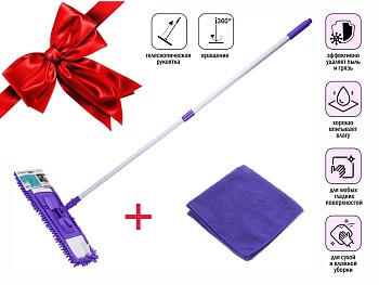 Швабра для пола с насадкой из шенилла, лиловая + салфетка из микрофибры 30х30 см, PERFECTO LINEA