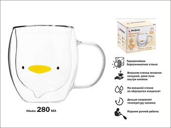 Кружка стеклянная с двойными стенками, 280 мл, серия Funny animals, PERFECTO LINEA