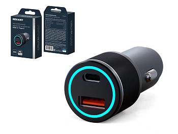 Устройство зарядное автомобильное c двумя портами (USB-C + USB-A) c LED-подсветкой, 48Вт REXANT