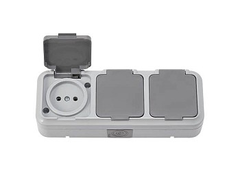 Розетка 3-ая (открытая, б/з, брызг. защ.) серая, Пралеска Аква, Bylectrica