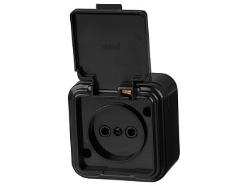 Розетка 1-ая (открытая, б/з, брызг. защ.) черная, Стандарт, Юпитер