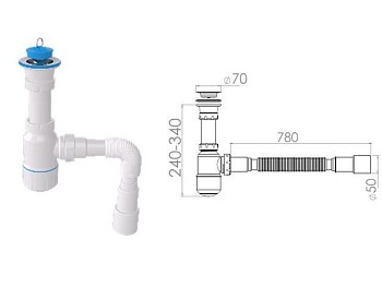 Сифон для умывальника с прикручивающимся выпуском 70мм , с гибкой трубой 1 1/2" - 40/50мм, AV Engine