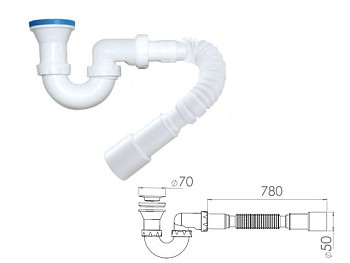 Сифон для душевого поддона U-образный h 130mm, выпуск 70 мм, с гибкой трубой 1 1/2" - 40/50мм, AV